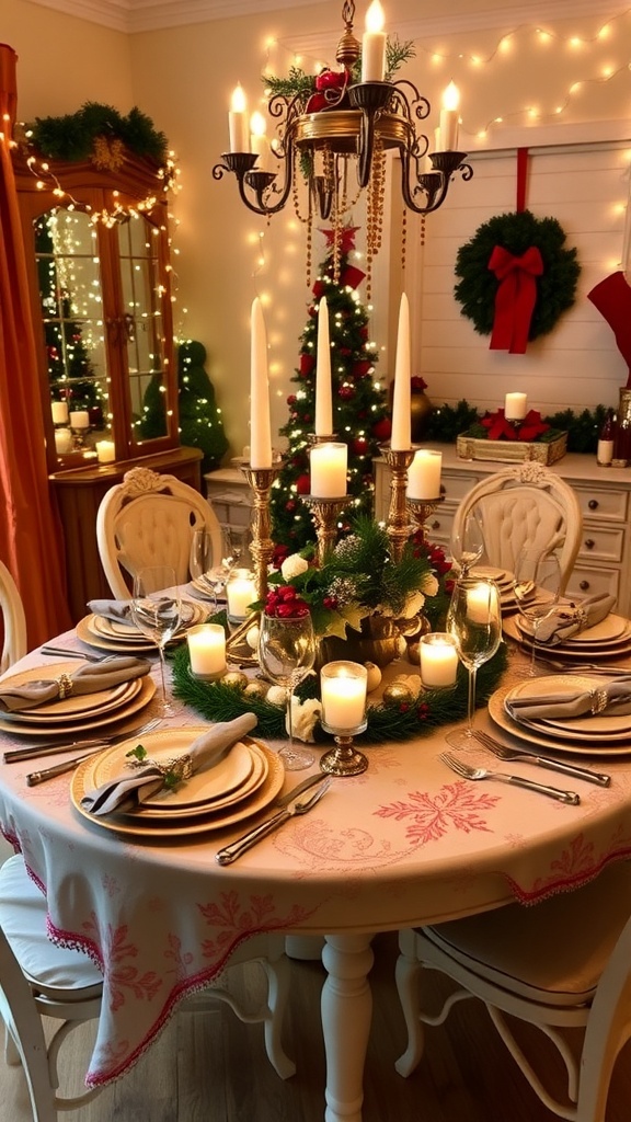 A festive Christmas table setting with elegant decorations, candles, and a warm ambiance.